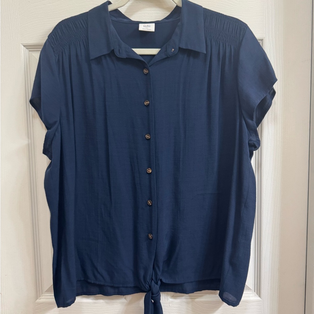 Navy Blue Button-Up Blouse